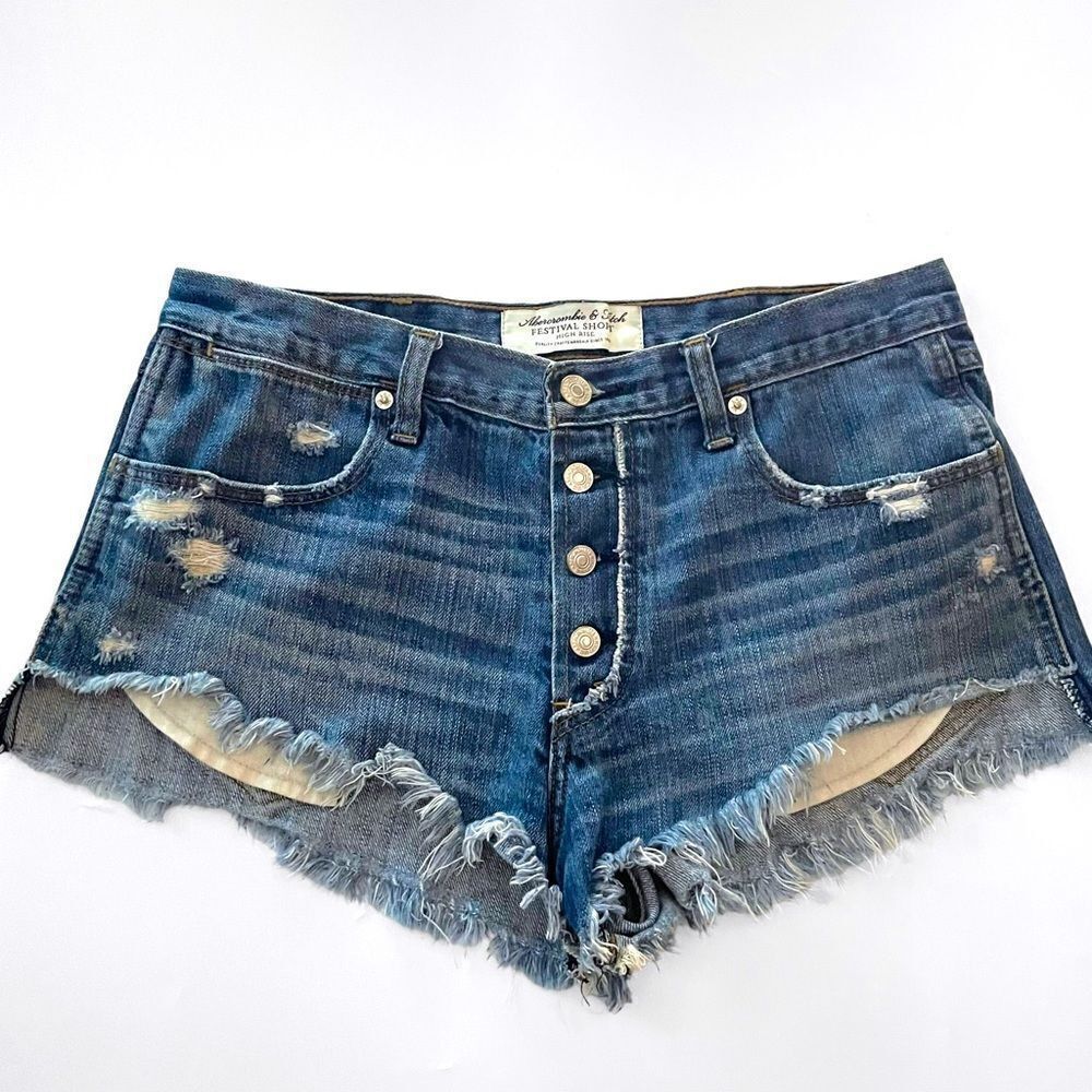 Abercrombie & Fitch Hi Rise Festival Distressed Denim Shorts